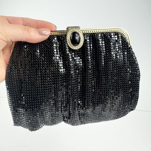 VTG Whiting & Davis Clutch Purse Black Metal Mesh Beaded Closure Chain Strap USA - Picture 15 of 15